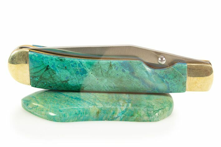 Pocket Knife With Chrysocolla & Malachite Inlays & Matching Base #327604